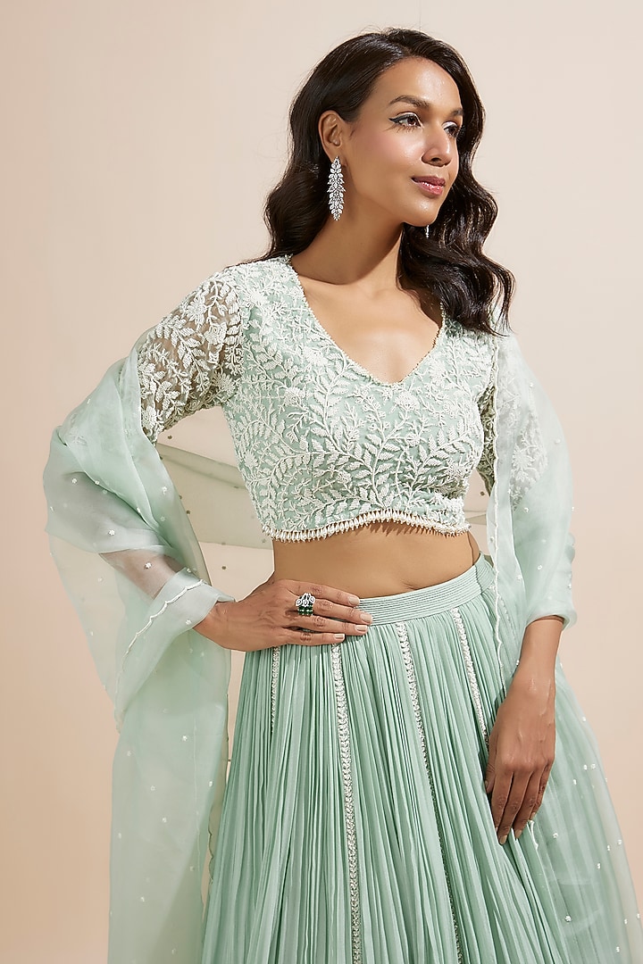 Sage Green Chiffon Gathered Wedding Lehenga Set by COUTURE BY NIHARIKA at Pernia's Pop Up Shop