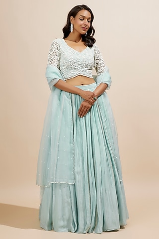 Powder Blue Chiffon Gathered Lehenga Set by COUTURE BY NIHARIKA
