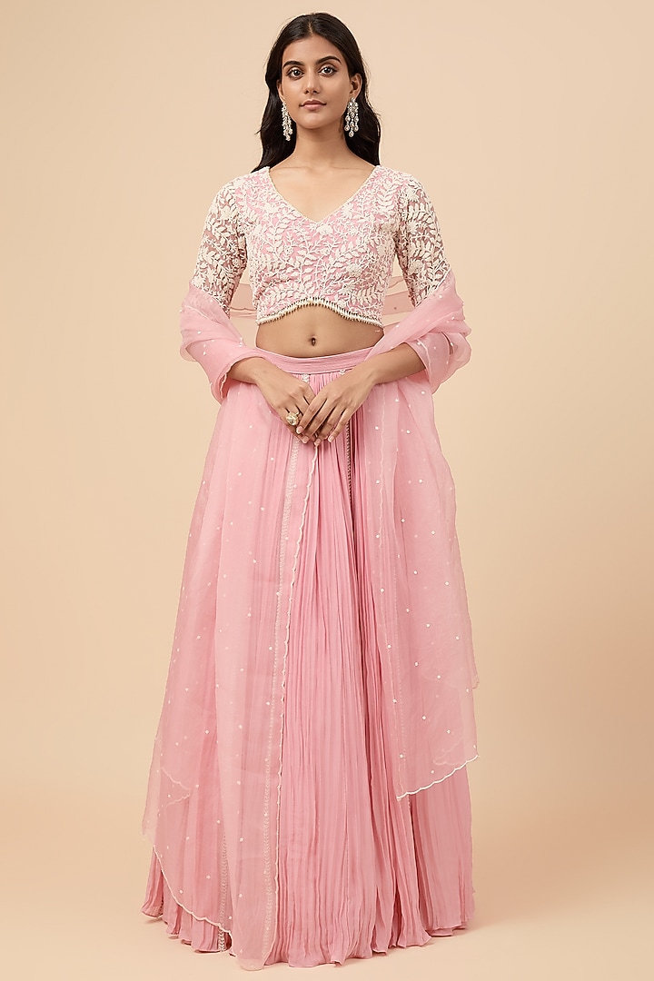 Lilac Pink Organza & Viscose Gathered Wedding Lehenga Set by COUTURE BY NIHARIKA at Pernia's Pop Up Shop