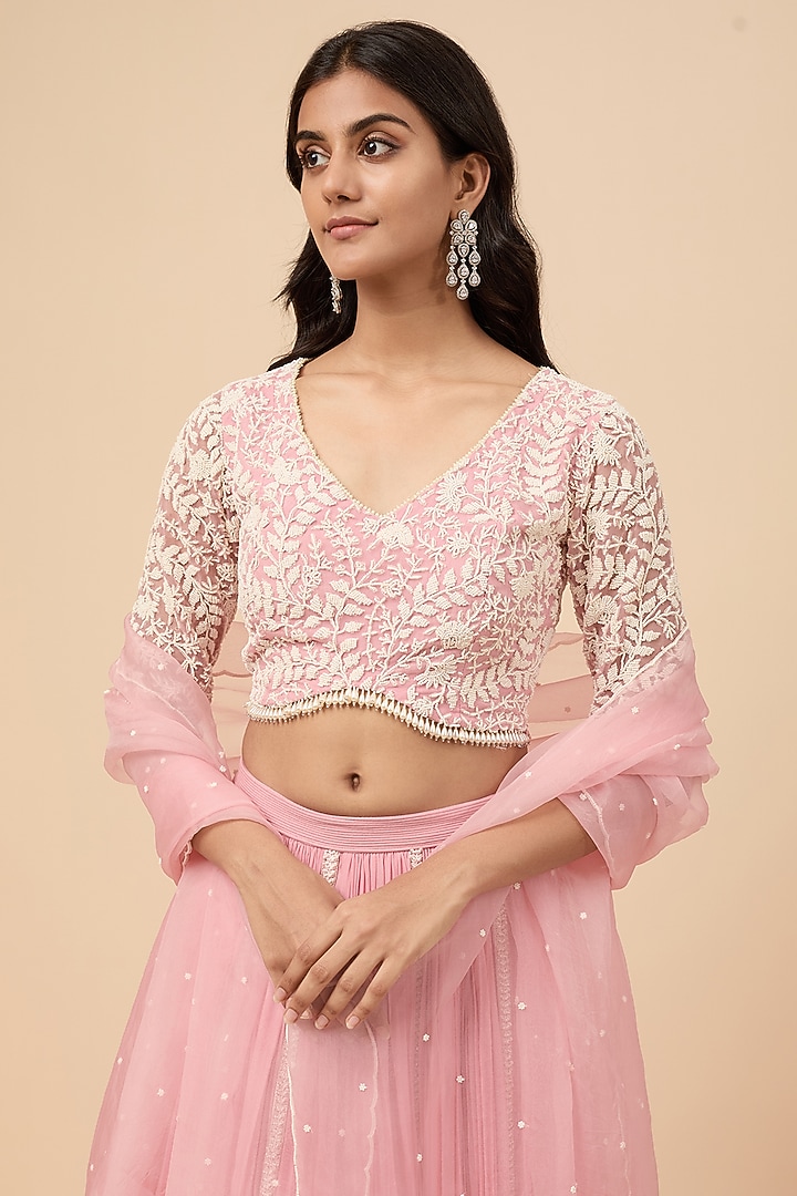 Lilac Pink Organza & Viscose Gathered Wedding Lehenga Set by COUTURE BY NIHARIKA at Pernia's Pop Up Shop