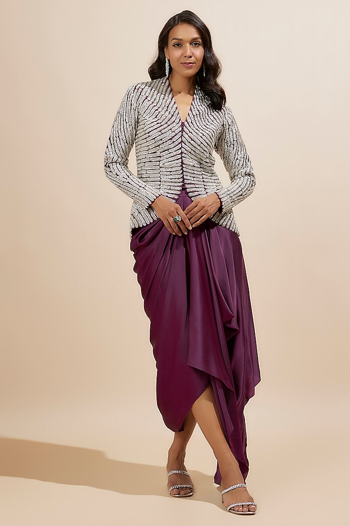 Wine Organza Cutdana Work Jacket Set by COUTURE BY NIHARIKA