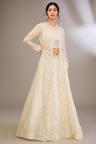 Ivory Organza & Net Pearl Embroidered Jacket Set by COUTURE BY NIHARIKA