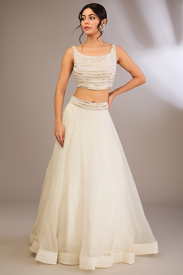 Ivory Organza & Net Pearl Embroidered Jacket Set by COUTURE BY NIHARIKA at Pernia's Pop Up Shop