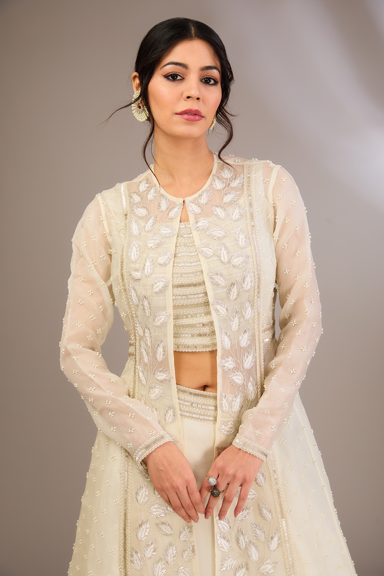 Ivory Organza & Net Pearl Embroidered Jacket Set by COUTURE