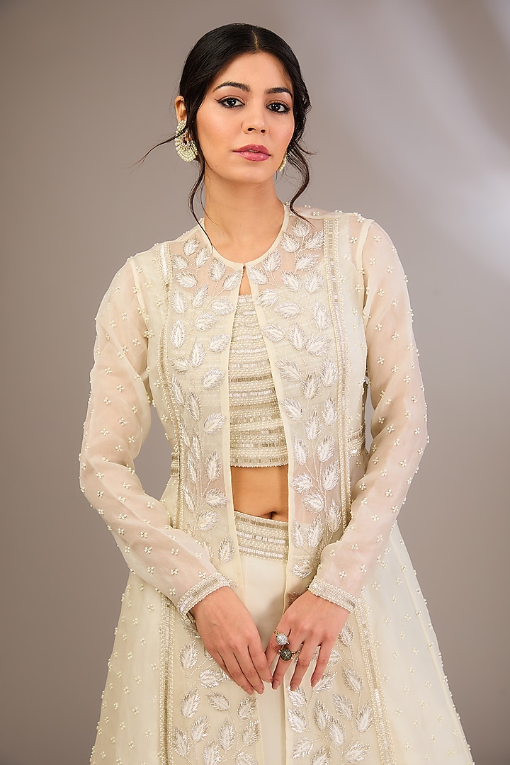 Ivory Organza & Net Pearl Embroidered Jacket Set by COUTURE BY NIHARIKA at Pernia's Pop Up Shop