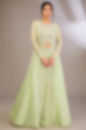 Mint Green Organza & Net Pearl Embroidered Jacket Set by COUTURE BY NIHARIKA at Pernia's Pop Up Shop