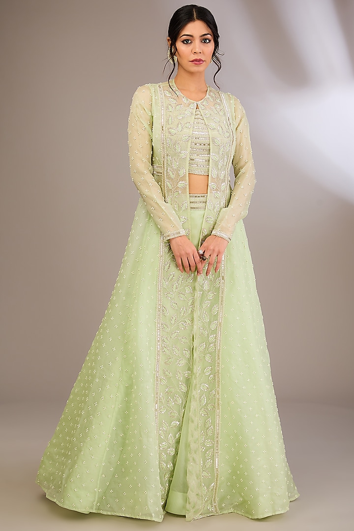 Mint Green Organza & Net Pearl Embroidered Jacket Set by COUTURE BY NIHARIKA at Pernia's Pop Up Shop