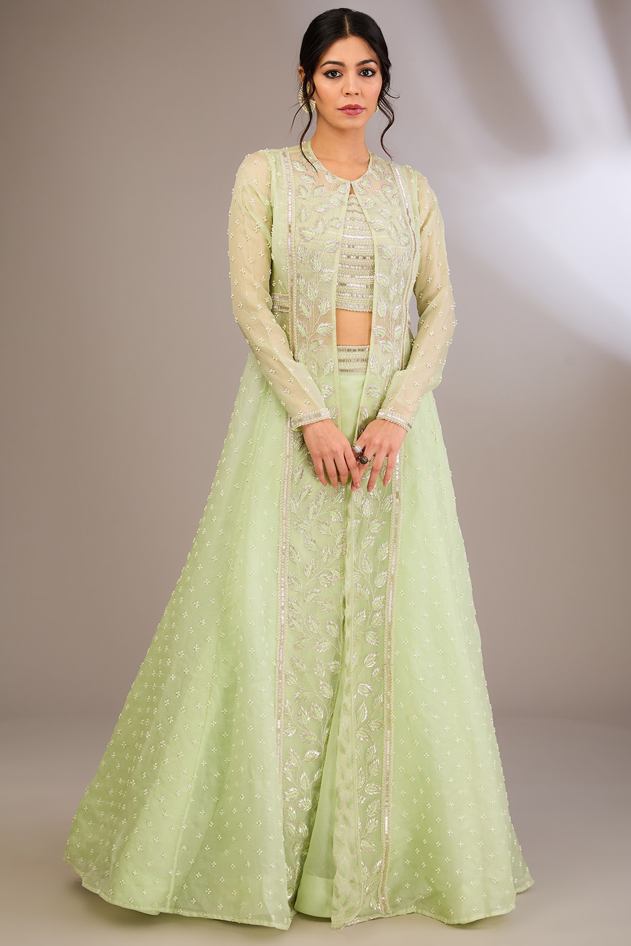Pernia's Pop Up Shop - Couture by Niharika Women Mint Green Organza & Net Pearl Embroidered Jacket Set