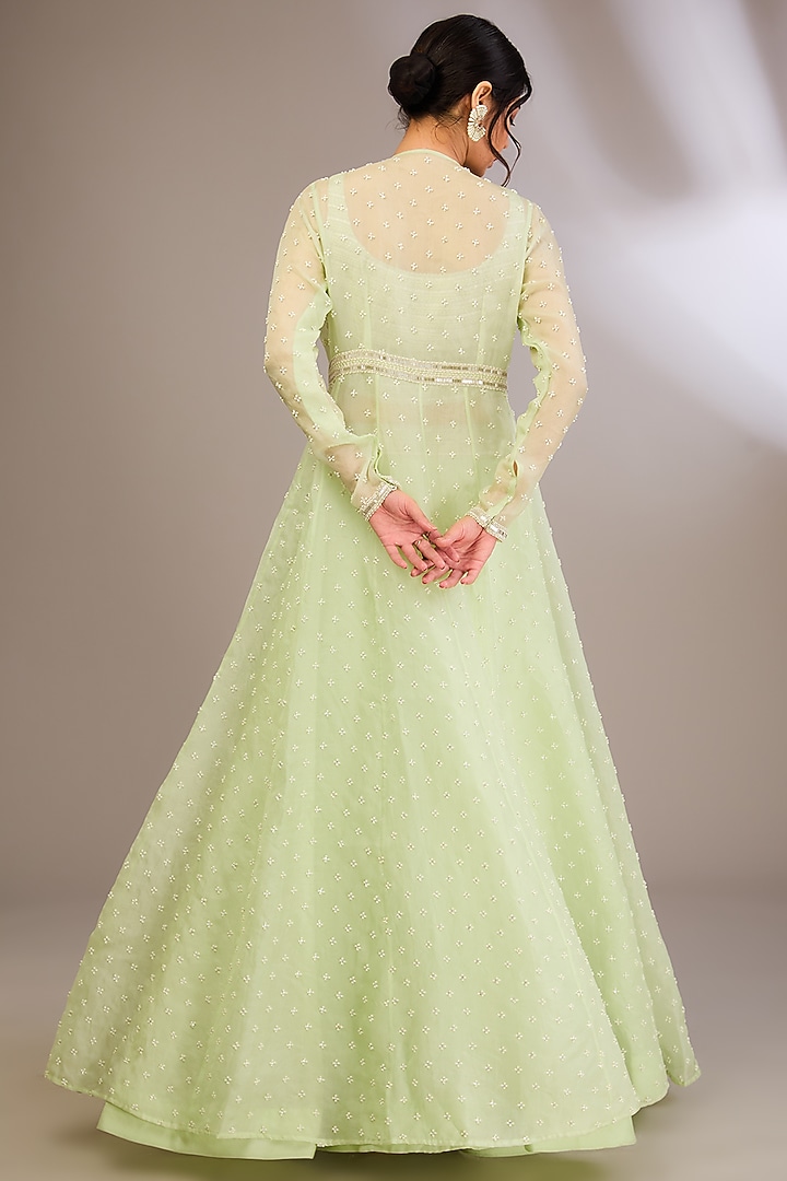 Mint Green Organza & Net Pearl Embroidered Jacket Set by COUTURE BY NIHARIKA at Pernia's Pop Up Shop