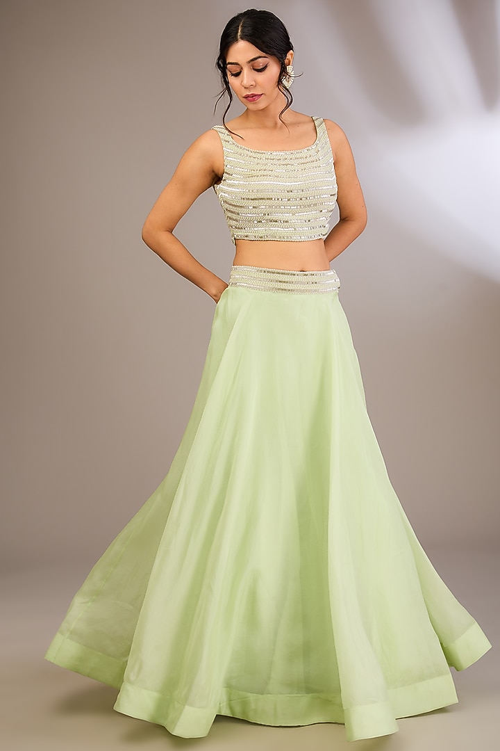 Mint Green Organza & Net Pearl Embroidered Jacket Set by COUTURE BY NIHARIKA at Pernia's Pop Up Shop