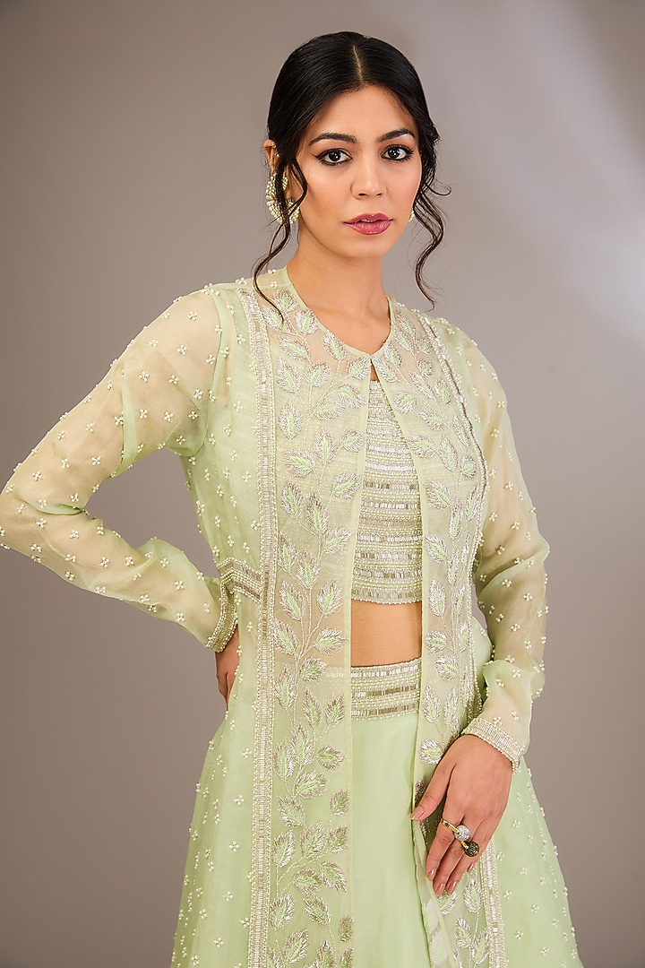 Mint Green Organza & Net Pearl Embroidered Jacket Set by COUTURE BY NIHARIKA at Pernia's Pop Up Shop