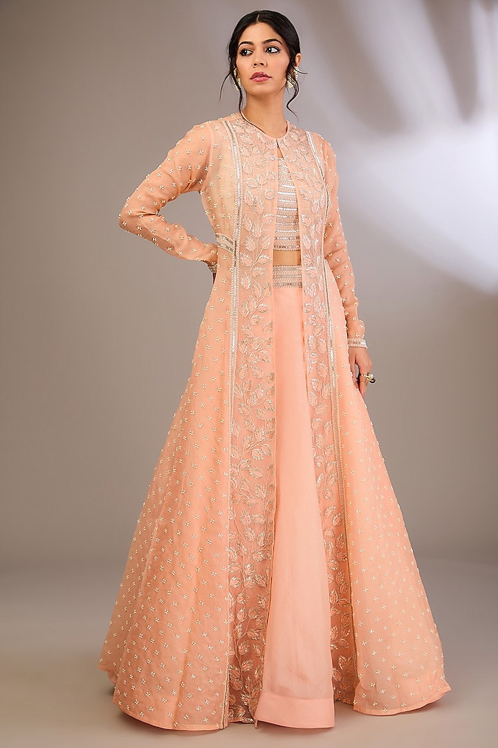 Peach Organza & Net Pearl Embroidered Jacket Set by COUTURE BY NIHARIKA at Pernia's Pop Up Shop