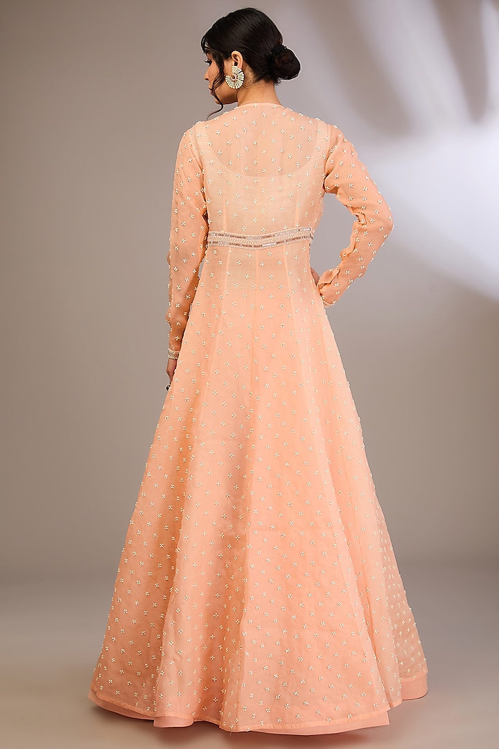 Peach Organza & Net Pearl Embroidered Jacket Set by COUTURE BY NIHARIKA at Pernia's Pop Up Shop
