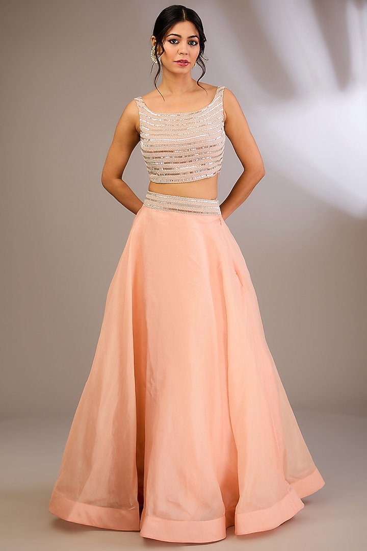 Peach Organza & Net Pearl Embroidered Jacket Set by COUTURE BY NIHARIKA at Pernia's Pop Up Shop