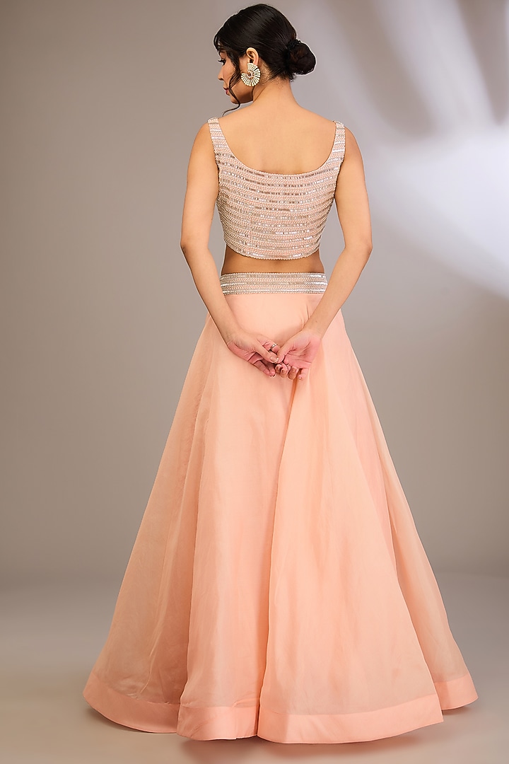 Peach Organza & Net Pearl Embroidered Jacket Set by COUTURE BY NIHARIKA at Pernia's Pop Up Shop