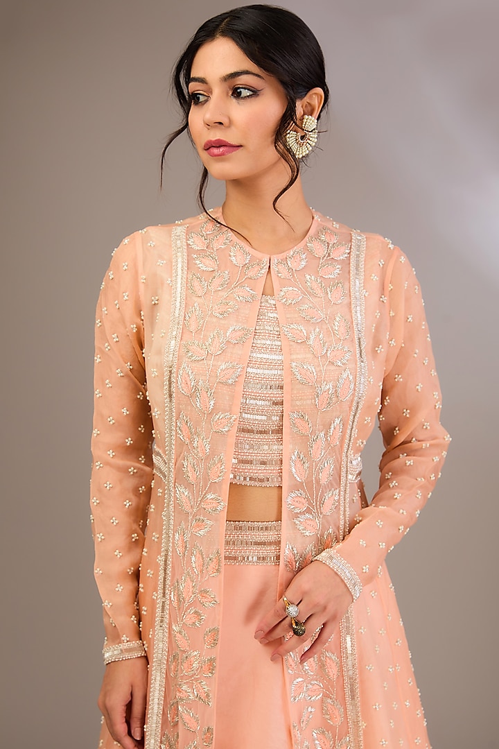 Peach Organza & Net Pearl Embroidered Jacket Set by COUTURE BY NIHARIKA at Pernia's Pop Up Shop