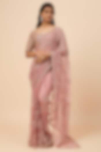 Blush Pink Organza Jaal Embroidered Saree Set by COUTURE BY NIHARIKA