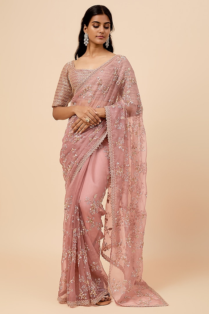 Blush Pink Organza Jaal Embroidered Saree Set by COUTURE BY NIHARIKA
