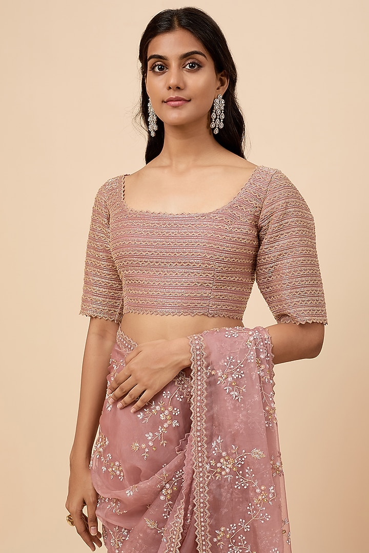 Blush Pink Organza Jaal Embroidered Reception Saree Set by COUTURE BY NIHARIKA at Pernia's Pop Up Shop