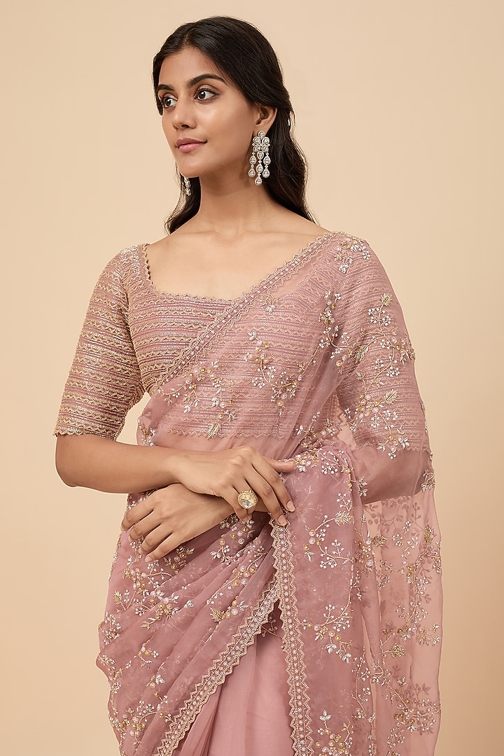 Blush Pink Organza Jaal Embroidered Reception Saree Set by COUTURE BY NIHARIKA at Pernia's Pop Up Shop