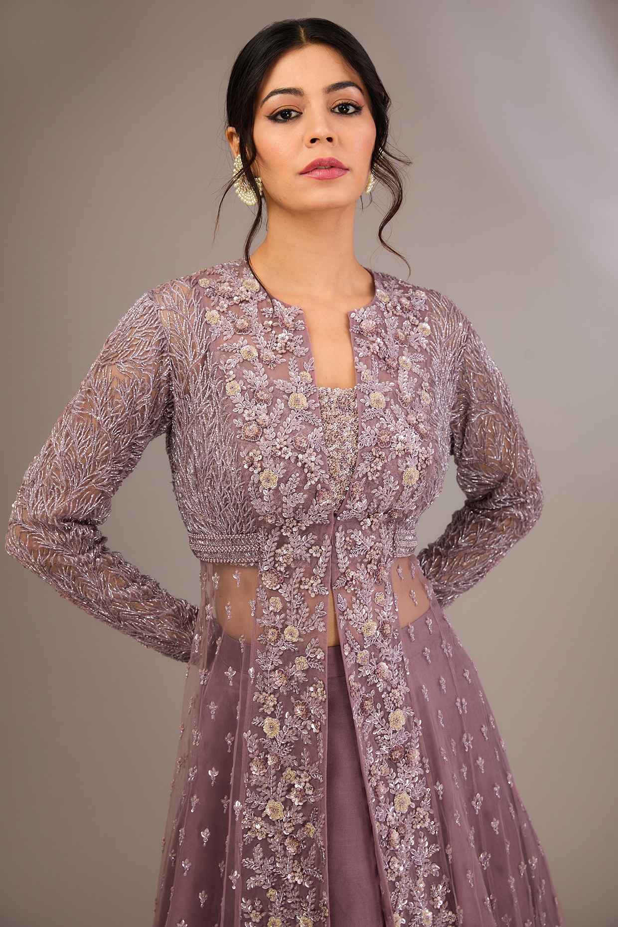 Dusty Purple Net Floral Jaal Embroidered Kalidar Jacket Set