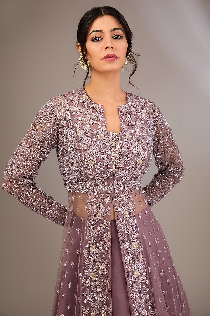 Dusty Purple Net Floral Jaal Embroidered Kalidar Jacket Set by COUTURE BY NIHARIKA at Pernia's Pop Up Shop