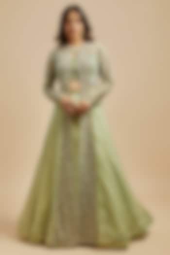 Mint Green Organza Embroidered Jacket Lehenga Set by COUTURE BY NIHARIKA