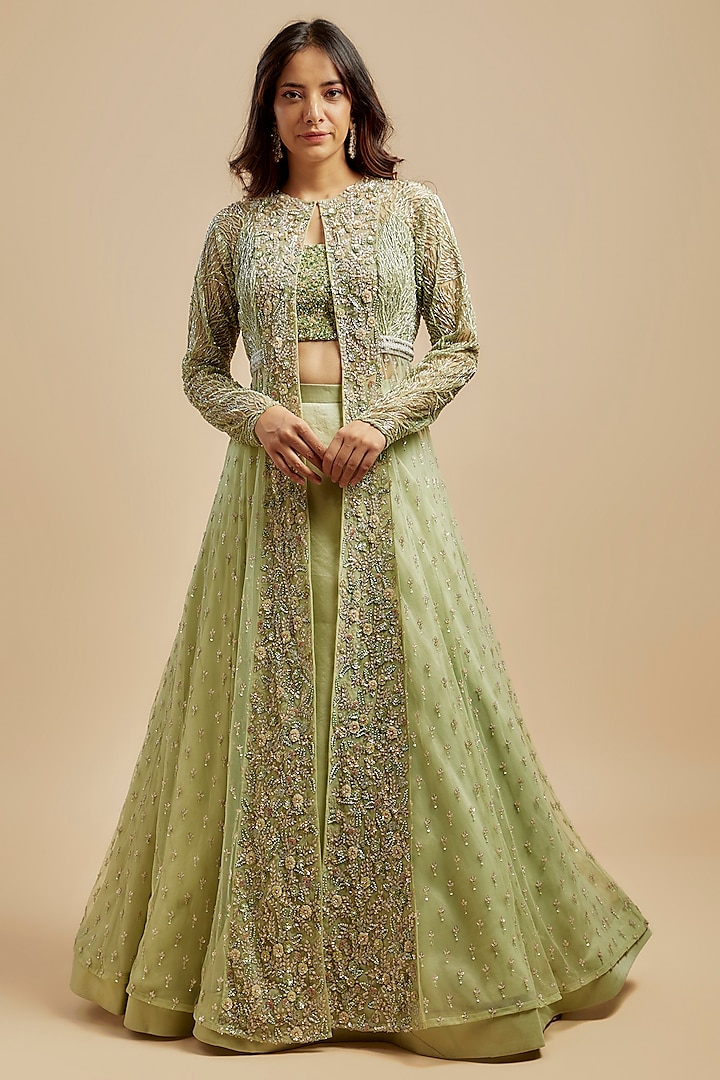 Mint Green Organza Embroidered Jacket Lehenga Set by COUTURE BY NIHARIKA