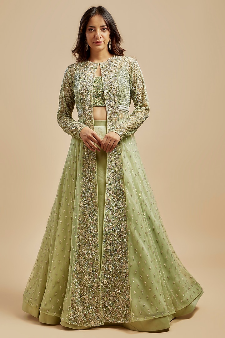Mint Green Organza Embroidered Jacket Wedding Lehenga Set by COUTURE BY NIHARIKA at Pernia's Pop Up Shop