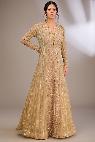 Golden Jacket For Gown Gold Net Floral Jaal Embroidered Kalidar