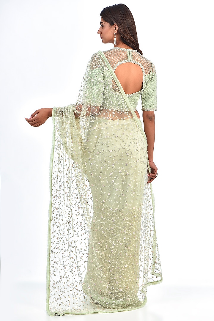 Mint Green Net Cutdana Embroidered Reception Saree Set by COUTURE BY NIHARIKA at Pernia's Pop Up Shop