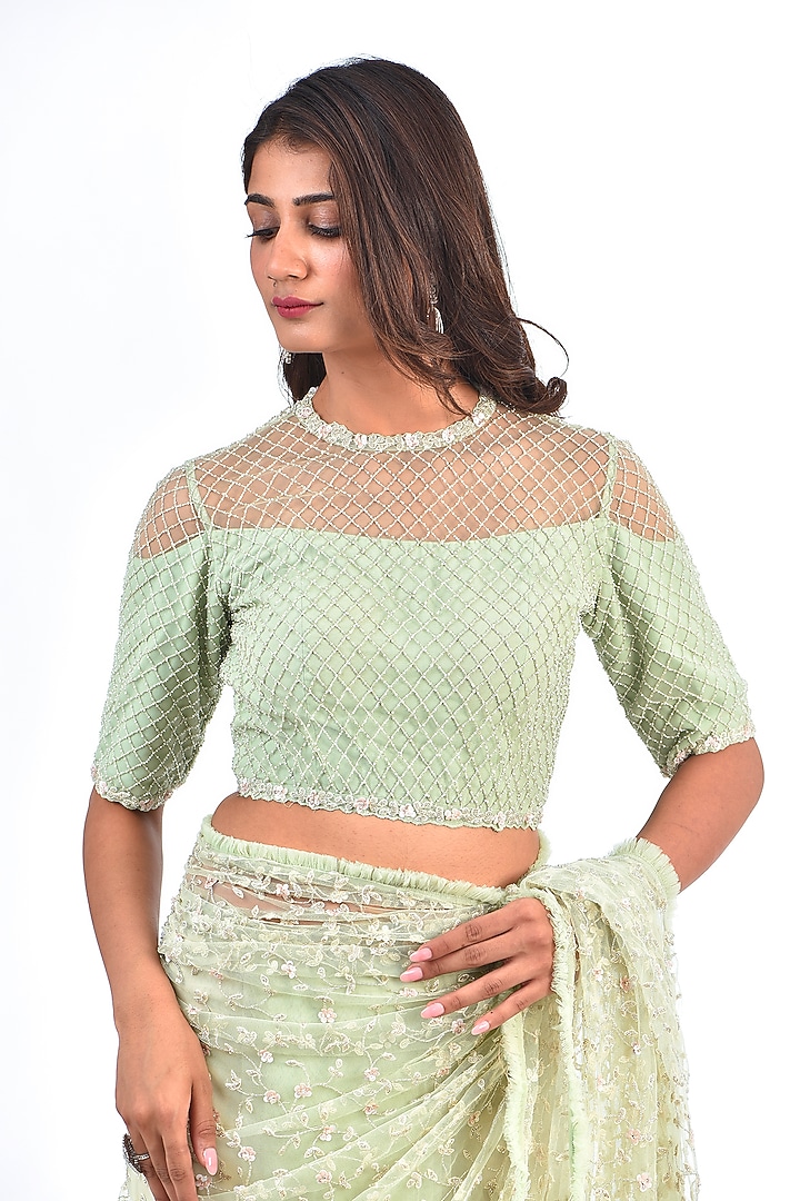 Mint Green Net Cutdana Embroidered Reception Saree Set by COUTURE BY NIHARIKA at Pernia's Pop Up Shop