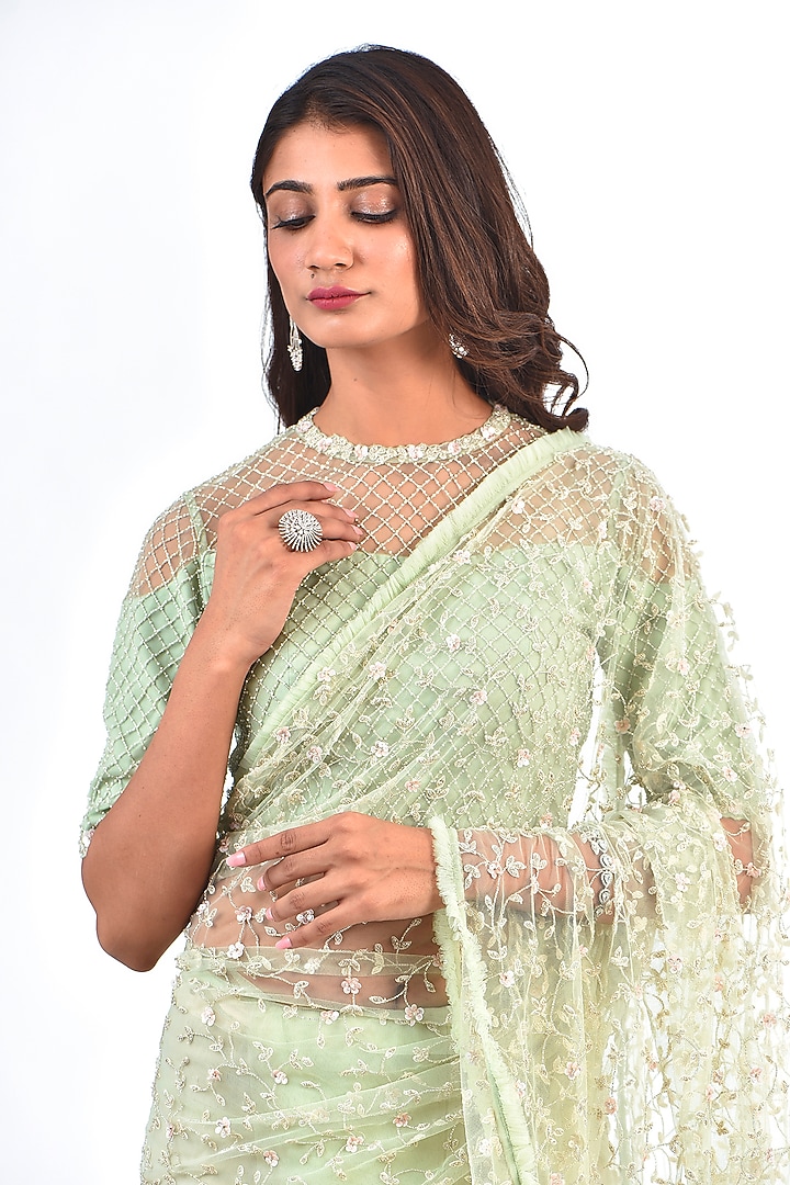 Mint Green Net Cutdana Embroidered Reception Saree Set by COUTURE BY NIHARIKA at Pernia's Pop Up Shop