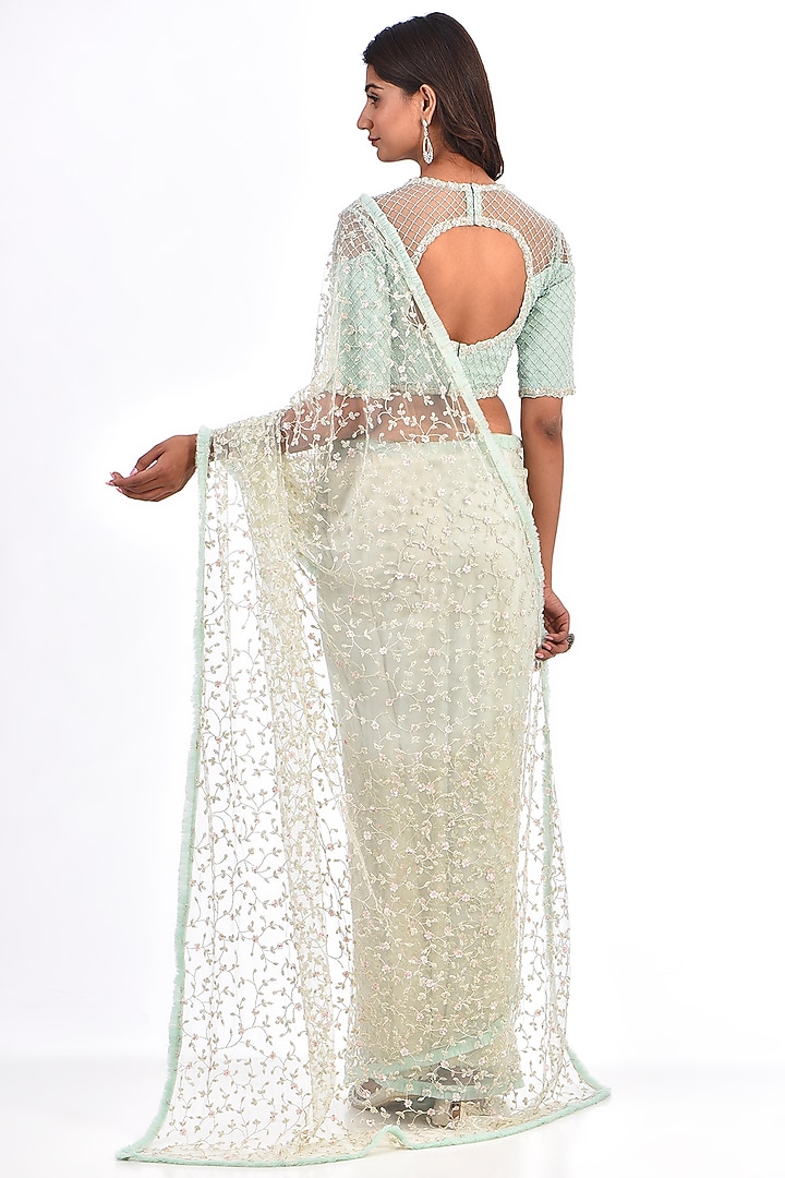 Powder Blue Net Cutdana Embroidered Reception Saree Set by COUTURE BY NIHARIKA at Pernia's Pop Up Shop