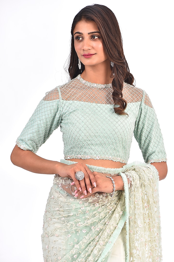 Powder Blue Net Cutdana Embroidered Reception Saree Set by COUTURE BY NIHARIKA at Pernia's Pop Up Shop