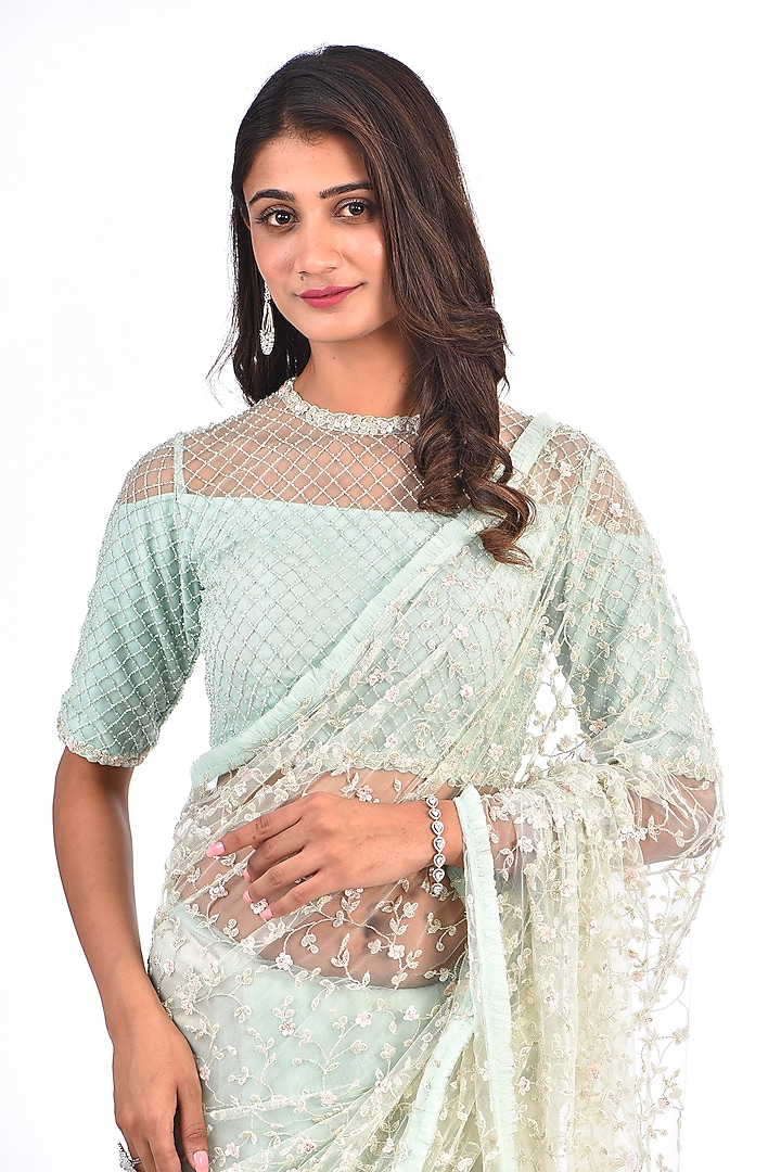 Powder Blue Net Cutdana Embroidered Reception Saree Set by COUTURE BY NIHARIKA at Pernia's Pop Up Shop