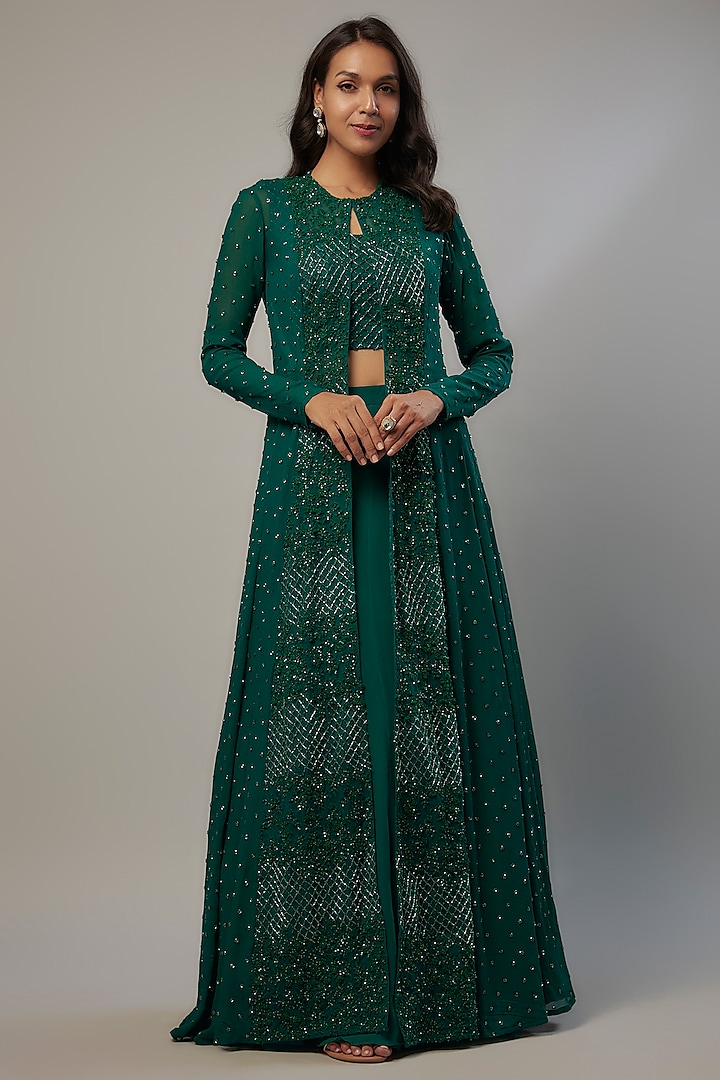 Emerald Green Net & Viscose Cutdana Embroidered Jacket Set by COUTURE BY NIHARIKA