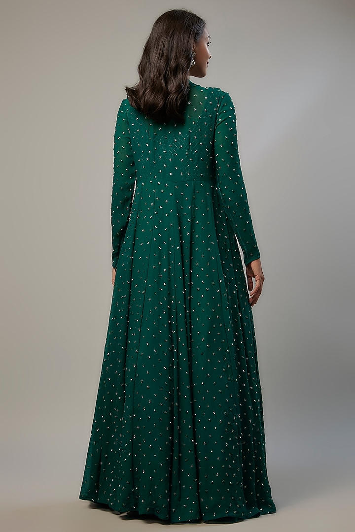 Emerald Green Net & Viscose Cutdana Embroidered Jacket Set by COUTURE BY NIHARIKA at Pernia's Pop Up Shop