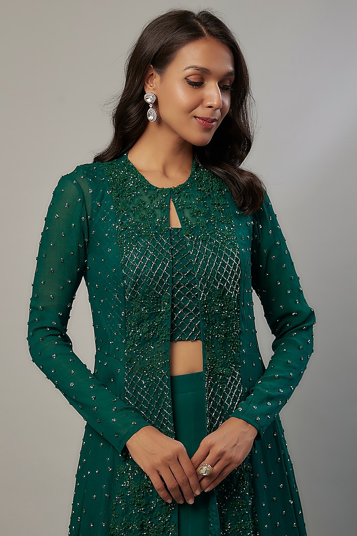 Emerald Green Net & Viscose Cutdana Embroidered Jacket Set by COUTURE BY NIHARIKA at Pernia's Pop Up Shop