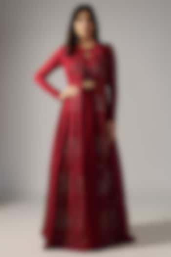 Red Jacket Set Pure Chiffon Embroidered Jacket Set by COUTURE BY NIHARIKA