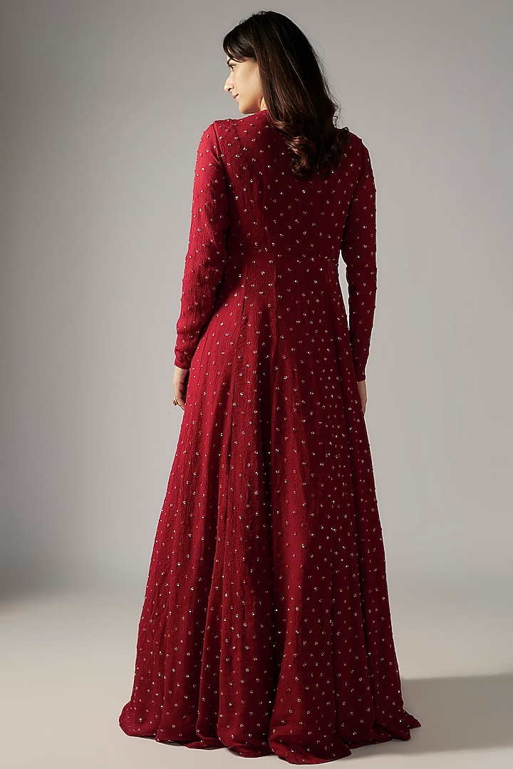 Red Jacket Set Pure Chiffon Embroidered Jacket Set by COUTURE BY NIHARIKA at Pernia's Pop Up Shop