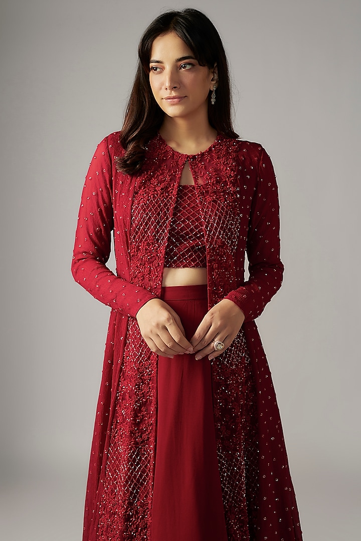 Red Jacket Set Pure Chiffon Embroidered Jacket Set by COUTURE BY NIHARIKA at Pernia's Pop Up Shop