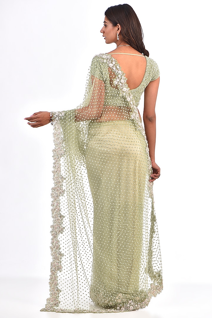 Mint Green Net Sequins Embroidered Reception Saree Set by COUTURE BY NIHARIKA at Pernia's Pop Up Shop