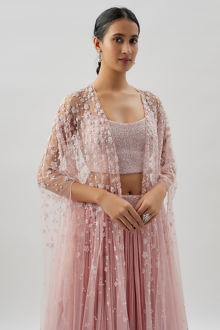 Lilac Net & Viscose Motif Embroidered Jacket Wedding Lehenga Set by COUTURE BY NIHARIKA at Pernia's Pop Up Shop