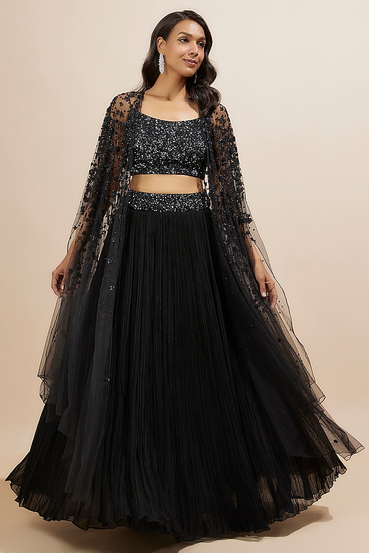 Black Net & Viscose Embroidered Jacket Lehenga Set by COUTURE BY NIHARIKA