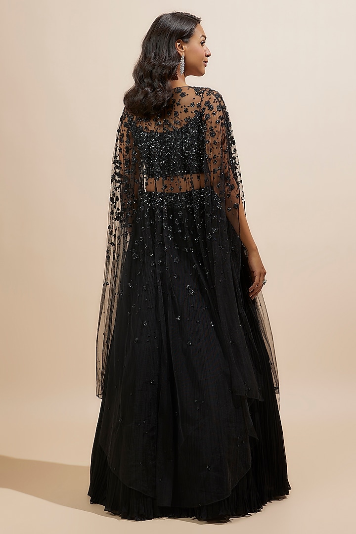 Black Net & Viscose Embroidered Jacket Wedding Lehenga Set by COUTURE BY NIHARIKA at Pernia's Pop Up Shop