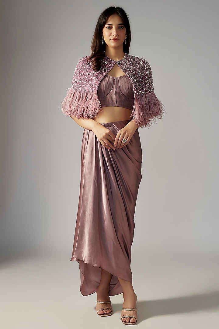 Dusty Purple Viscose & Satin Draped Skirt Set by COUTURE BY NIHARIKA