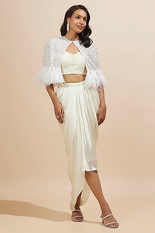 Ivory Satin Draped Skirt Set by COUTURE BY NIHARIKA