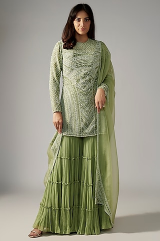 Mint Green Viscose & Organza Sharara Set by COUTURE BY NIHARIKA