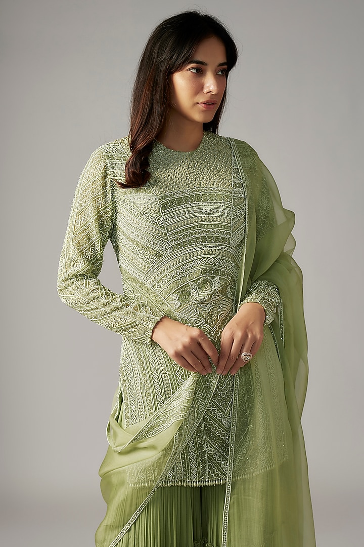 Mint Green Viscose & Organza Bridal Sharara Set by COUTURE BY NIHARIKA at Pernia's Pop Up Shop